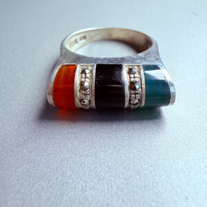 Sterling Silver 925 Onyx Carnelian & Agate Marcasite Gemstone Modernist Ring